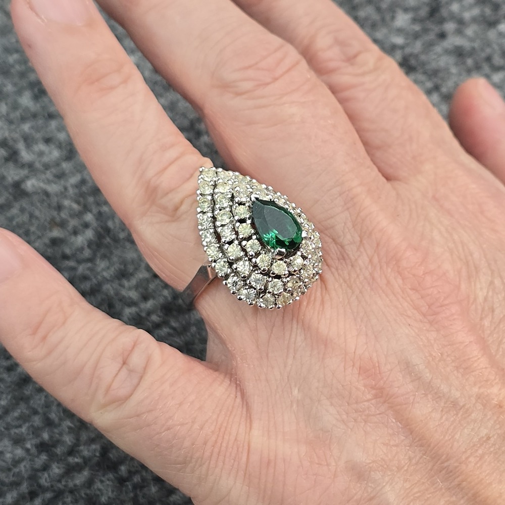 Vintage Panetta‎ Sterling Silver Green Rhinestone Cocktail Ring Size 8 Signed